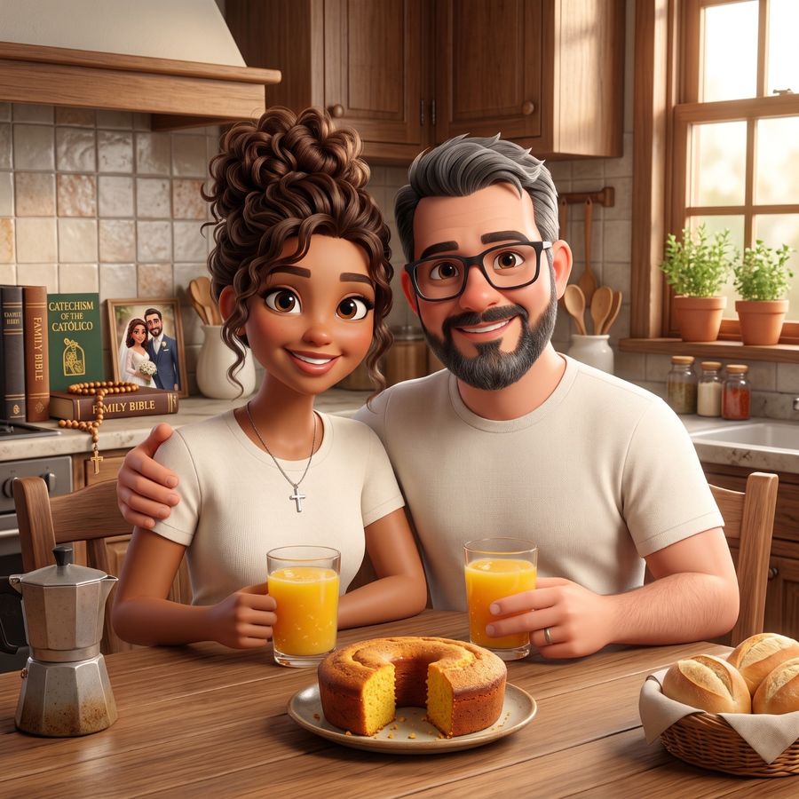 Etcetera e Tal à mesa da cozinha, com suco, bolo, uma Bíblia e um terço ao fundo